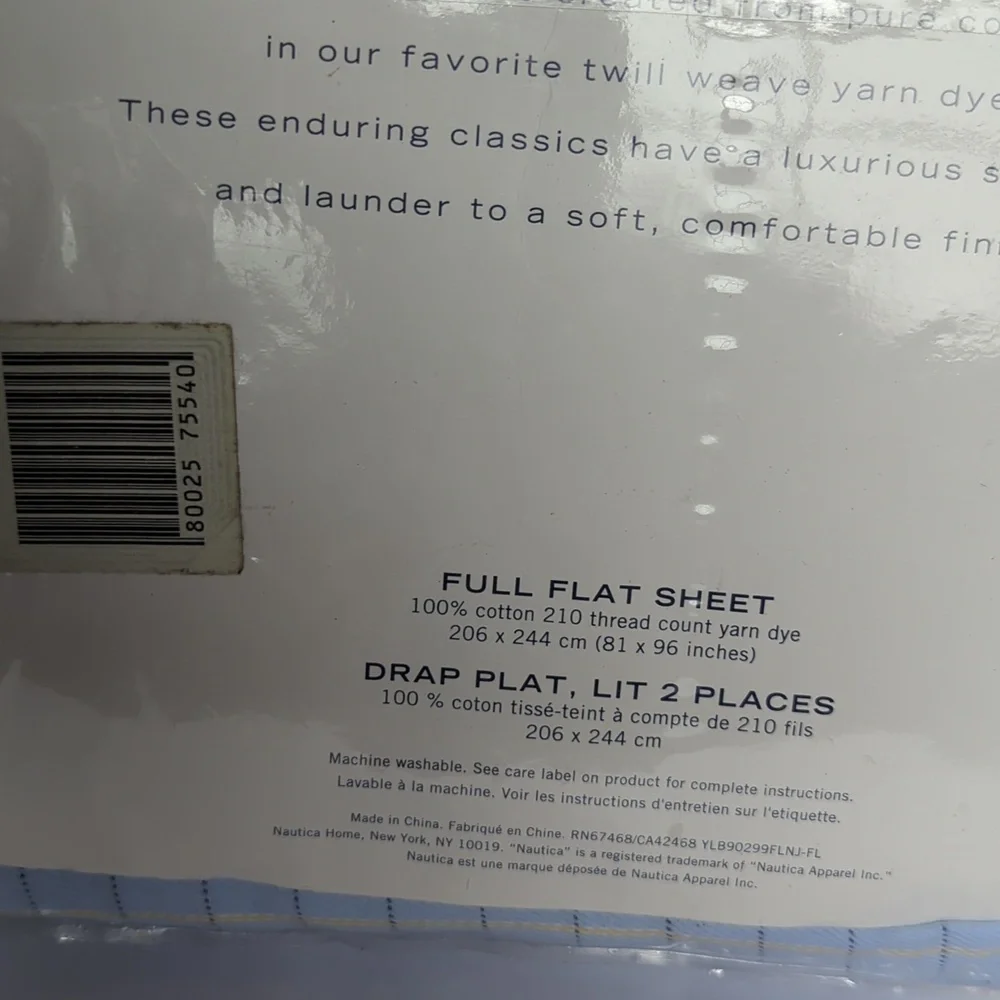 Nautica Full Flat Sheet 100% Cotton Windowpane Design in Blue and Yellow NEW